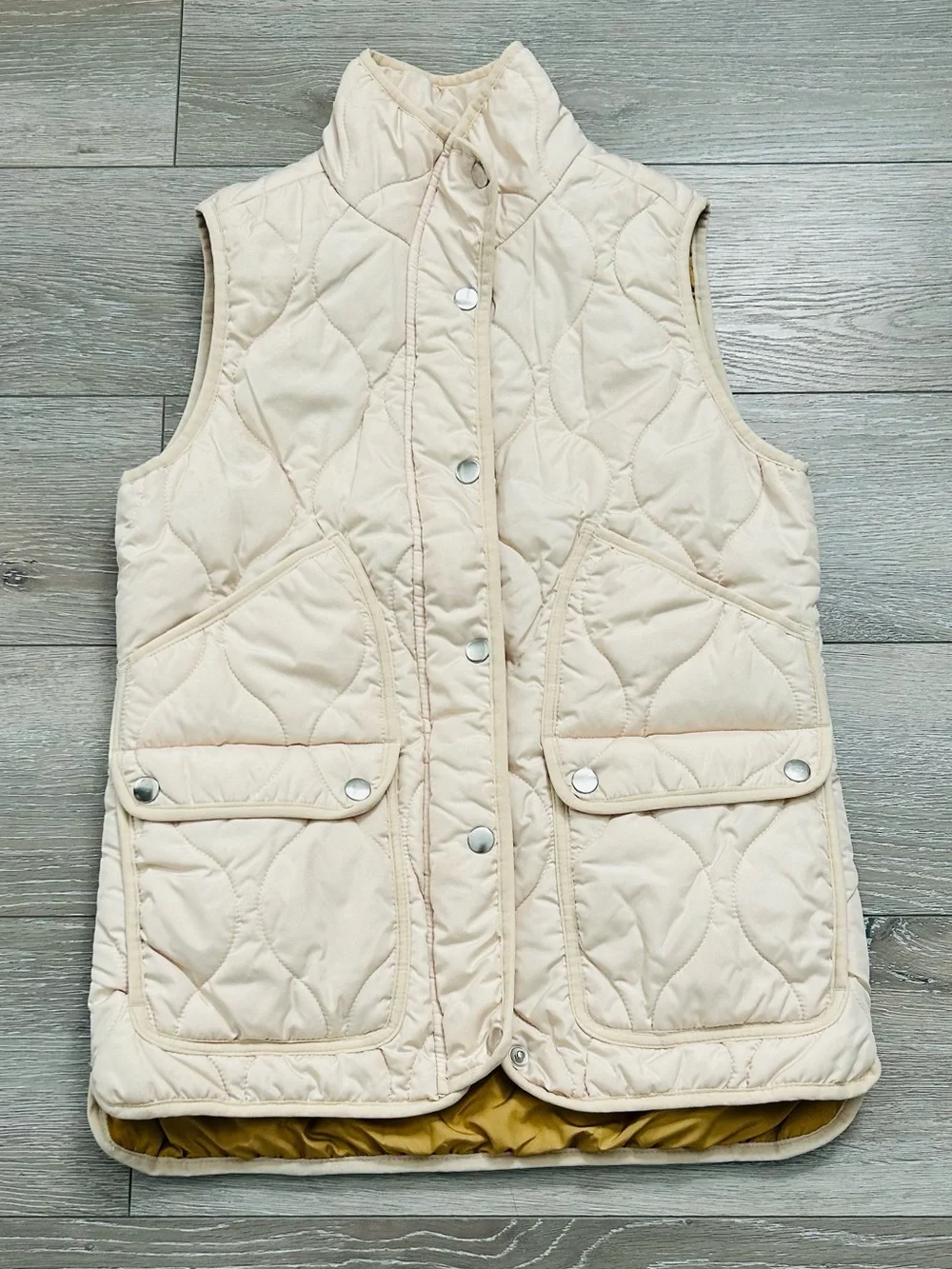 J. Crew Signature Puffer Vest in Tan with Pink Label